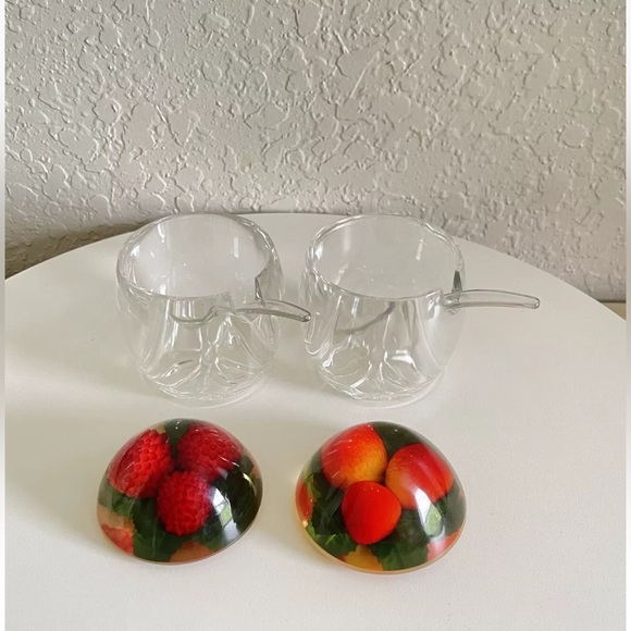 Vintage Lucite Condiment Jars by Stokes Perspex w/Fruit Enclosed Lids & Spoons - Picture 4 of 8
